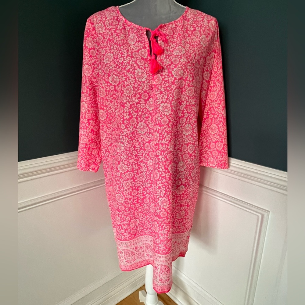 J.Crew Pink White Floral Pattern Shirt Tunic Dress Cover Up Women Sz XXL EUC
